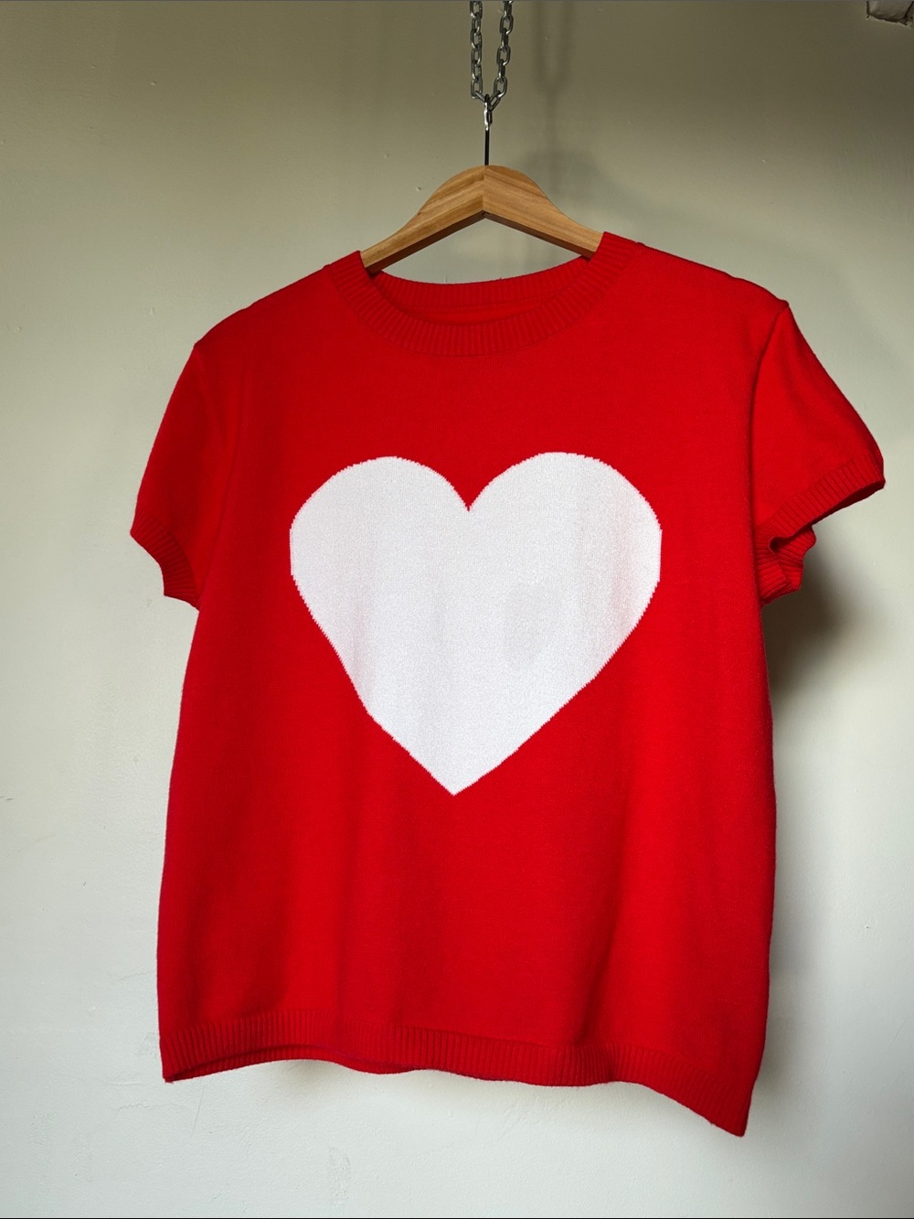 Women’s Red Crewneck Sweater with White Heart Graphic